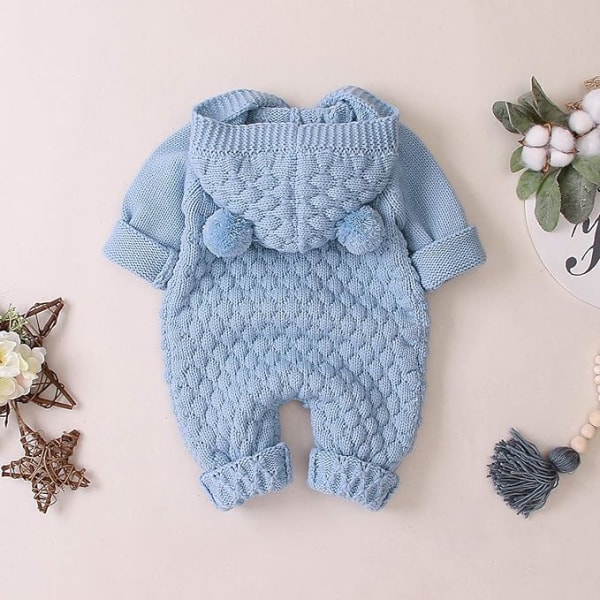 Nyfödd Baby Öronhuva Stickad Romper Jumpsuit Varmare Snödräkt för Pojkar Flickor Ljusblå 73cm Light Blue