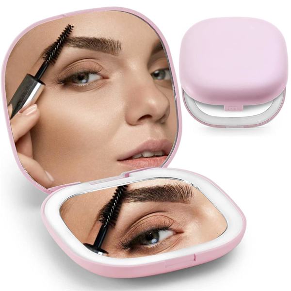 Kompakt spegel, 1X/5X förstoringsspegel med lätt liten resesminkspegel Bärbar LED-fickspegel för handväska Pink