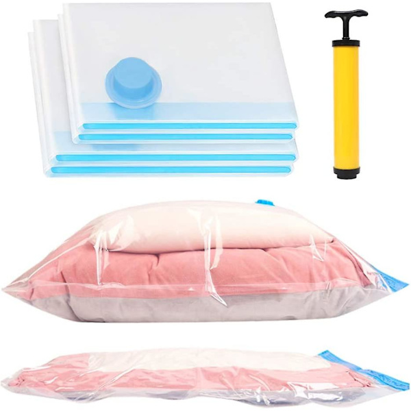 Set med 4 vakuumpåsar (2 Jumbo 100x80cm, 2 stora 80x60cm), vattentät påse för täcken, kuddar, kläder med resehandpump