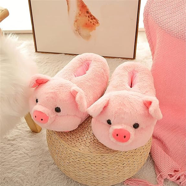 Damtofflor i plysch, bomull, storlek 36-44, puderrosa, nya, höst & vinter Pink pig