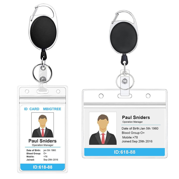 2-pack ID-emblemhållare med klämma – märkesrullar Infällbar Heavy Duty – Tydlig ID-korthållare Infällbar – Vertikal Lanyard ID-hållare med karbinhake