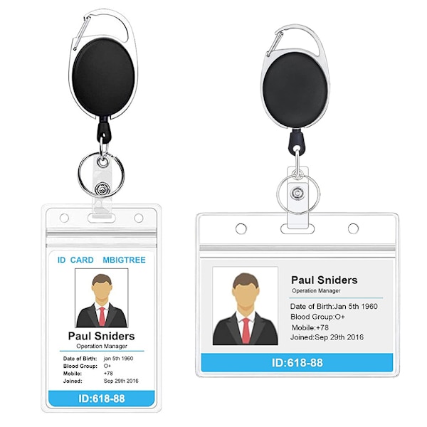 2-pack ID-märkeshållare med klämma – Märkesrullar Infällbar Heavy Duty – Tydlig ID-korthållare Infällbar – Vertikal Lanyard ID-hållare med karbinhake