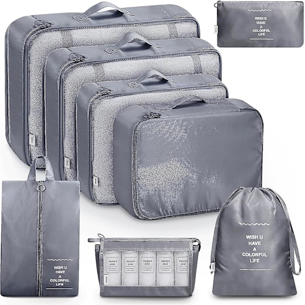 8-pack Organiseringsset för Resväska - Förvaringsväskor, Packningskuber, Presenter Grey