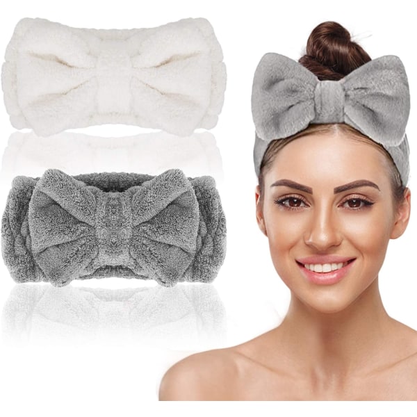 2-pack Bowknot Spa Pannband, Mjuk Korall Fleece Ansiktssminkning Hårinpackning Smink Fluffigt Pannband för Kvinnor Flickor Tvätta Ansiktet Hudvård