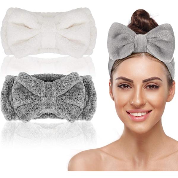 2-pack Bowknot Spa Pannband, Mjuk Korall Fleece Ansiktssminkning Hårinpackning Smink Fluffigt Pannband för Kvinnor Flickor Tvätta Ansiktet Hudvård