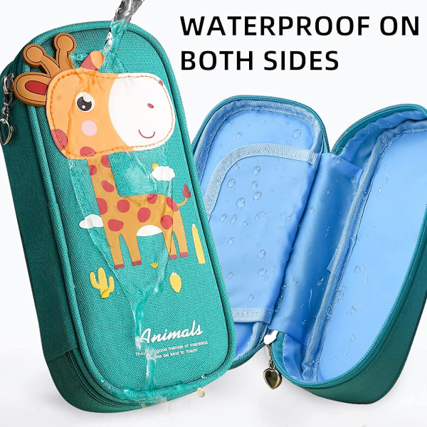 Söt tecknad pennväska för barn med dragkedja för flickor och pojkar i skolan - ljusgrön - giraff