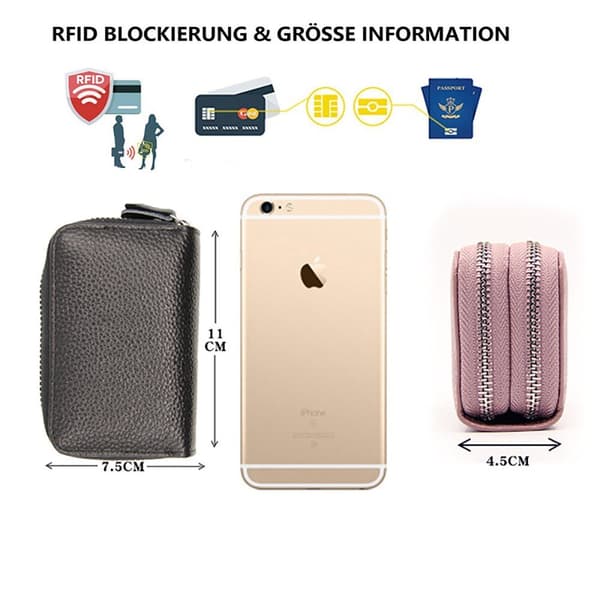 Läderplånbok med RFID-blockering, myntfack och dubbel dragkedja