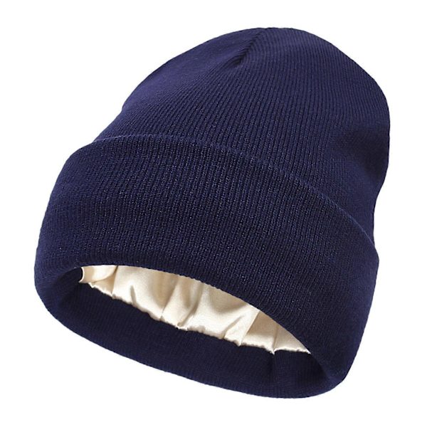 Varm stickad mössa med sidenfoder för vintern, viktig vintermössa för lockigt hår, hårvård, värme, vinterresa Navy blue
