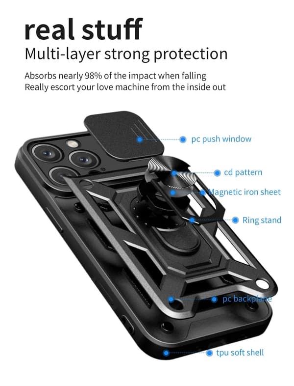 Stöttåligt Skal för iPhone 16 15 Pro Max Plus Fodral Skjutbart Kameralinsskydd Ringstativ iPhone15Plus