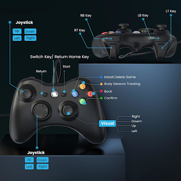 Trådbunden Xbox 360-kontroll, spelkontroll för 360 med dubbla vibrationer Turbo kompatibel med Xbox 360/360 Slim och PC Windows 7,8,10