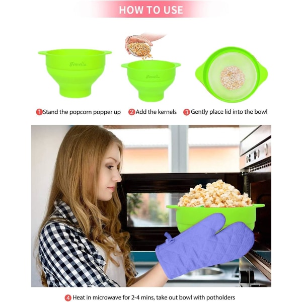 Popcornpopper, mikrovågssäker, silikonpopcornmaskin och diskmaskinssäker, popcornskål och handtag för hemmet, grön