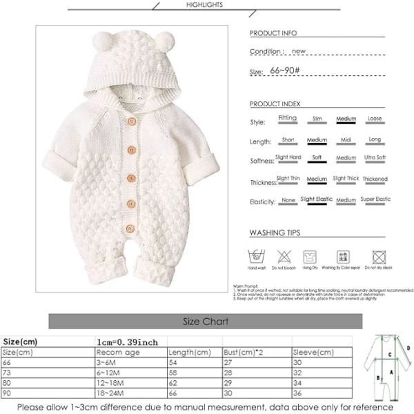 Nyfödd Baby Öronhuva Stickad Romper Jumpsuit Varmare Snödräkt för Pojkar Flickor 73cm Beige