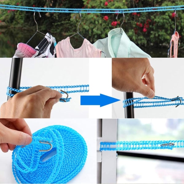 3 delar tvättlina, utomhus vindtät nylon bärbar klädstreck (2*5M+1*3M)