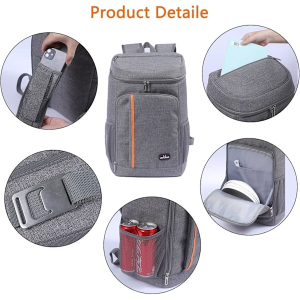 28L kylryggsäck, kylare ryggsäck Thermal väska Matbärare Stor mjuk ryggsäck för strand/picknick/BBQ/camping/fest grey