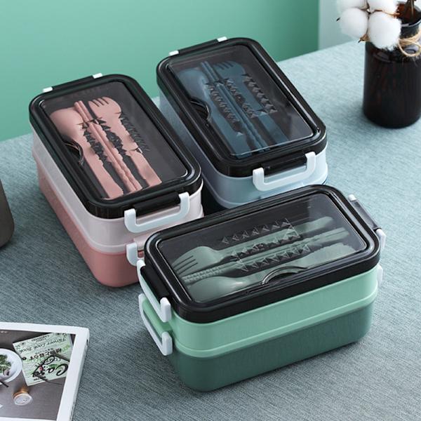 2-lagers Bento Box Anti-läckage Lunchlåda för Kontor med Bestick Mikrovågsugn Säker Enkel Barn Studenter Picknick Matbehållare Blue