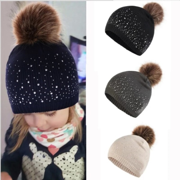 Mode Rhinestone Inlay Solid Color Baby Pompom Hat black