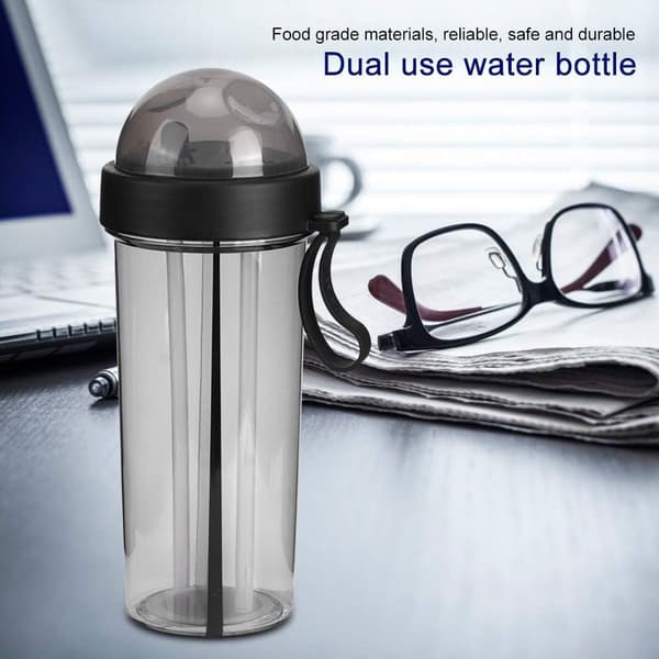 Vattenflaska med dubbla sugrör 600ml, vattenflaskor med 2 fack