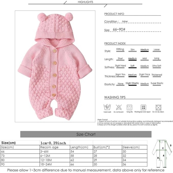 Nyfödd Baby Öronhuva Stickad Romper Jumpsuit Varmare Snödräkt för Pojkar Flickor Rosa 80cm Pink