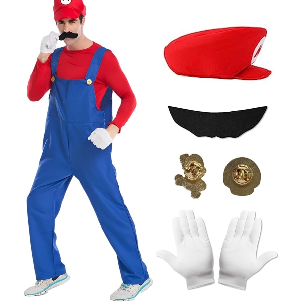 Vesvmi Mario kostym män, Mario Cosplay kostym, outfit med hatt skägg, Mario kostym vuxna barn för halloween S Man Red
