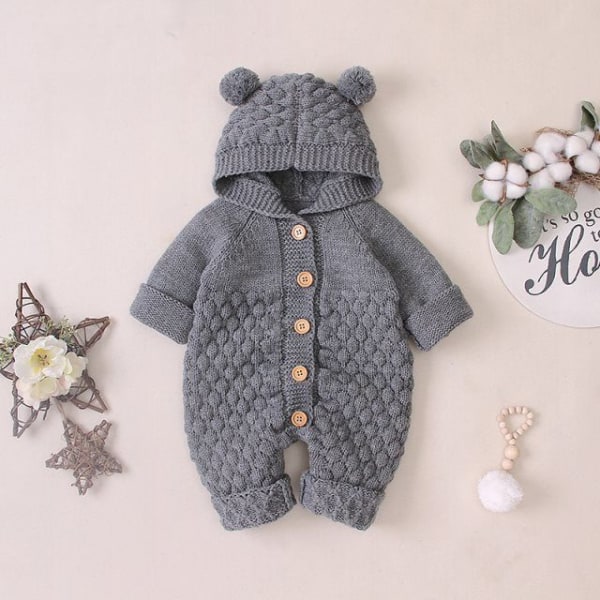 Nyfödd Baby Öronhuva Stickad Romper Jumpsuit Varmare Snödräkt för Pojkar Flickor Grå 66cm Gray