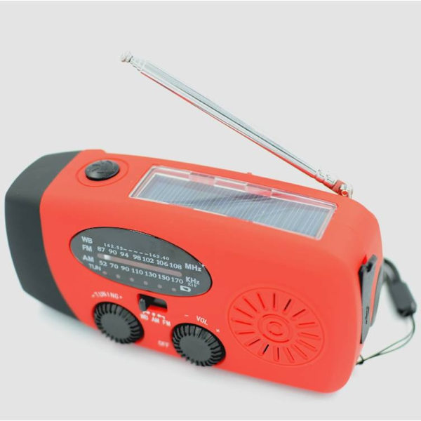 Nödradio med solceller, vev och dynamolladdning