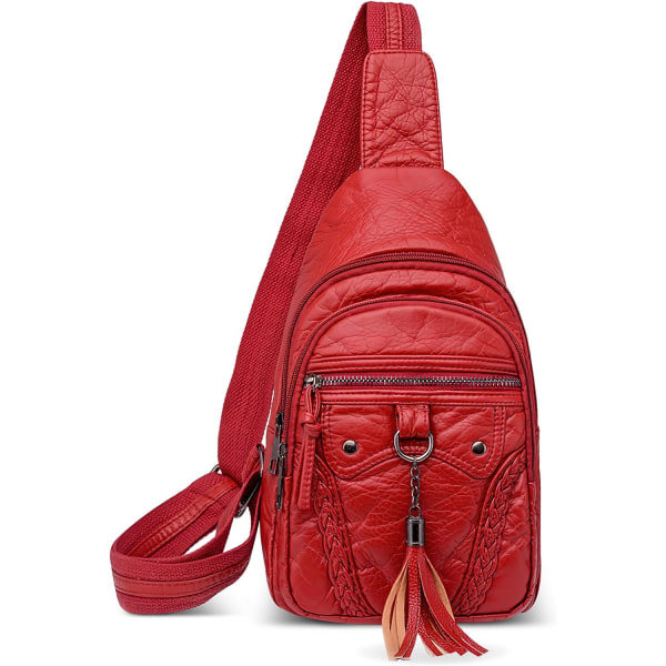 Bröstväska Dam Axelväskor Dam Crossbody-väska Hörlurar Hål Tofsdekorationer Casual Mjukt PU-läder Bröstväska för kvinnor Röd