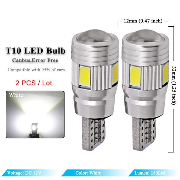 2x Bil LED-lampa T10-5630-10 LED Signallampa Canbus  Auto Klarering Kil Sida Backlampor White Light