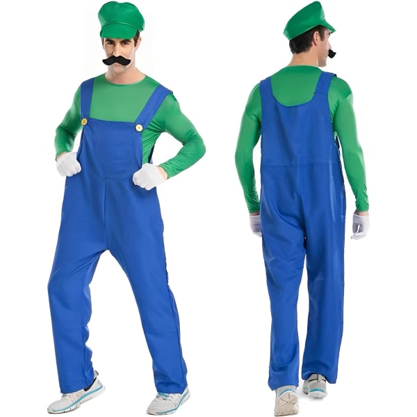 Vesvmi Mario kostym män, Mario Cosplay kostym, outfit med hatt skägg, Mario kostym vuxna barn för halloween S Man Green
