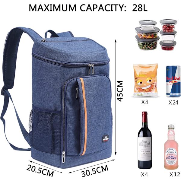 28L kylryggsäck, kylare ryggsäck Thermal väska Matbärare Stor mjuk ryggsäck för strand/picknick/BBQ/camping/fest Navy blue