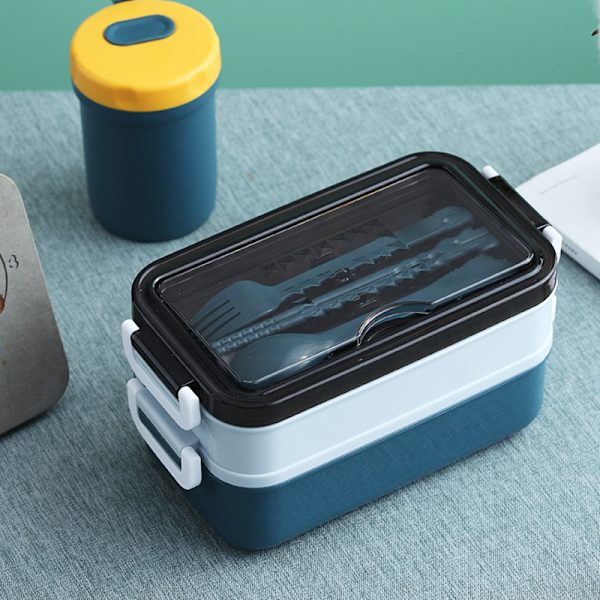 2-lagers Bento Box Anti-läckage Lunchlåda för Kontor med Bestick Mikrovågsugn Säker Enkel Barn Studenter Picknick Matbehållare Blue