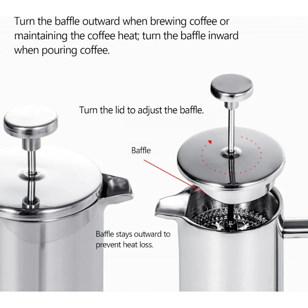 Dubbelväggig fransk press kaffebryggare i rostfritt stål med rostfritt stålfilter, isolerad kaffekanna, pressfilterkanna, kaffepress 350ml
