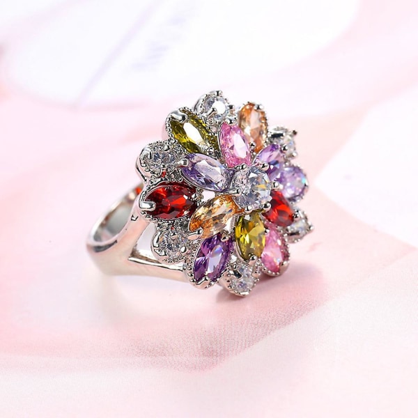 Kvinnor Flerfärgad Cubic Zirconia Inlagd Ring Bröllop Engagemang Smycken Present US 7