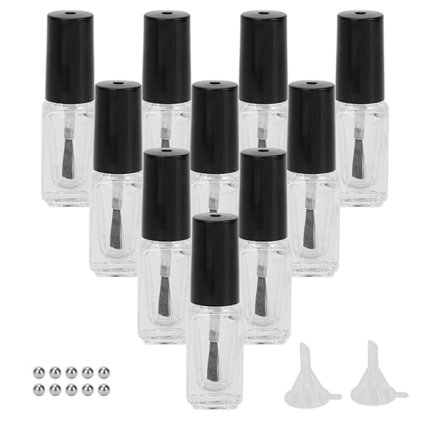 10 st 5 ml Tomma Nagellacksflaskor av Glas med Borstlock, Tratt och Blandningskulor
