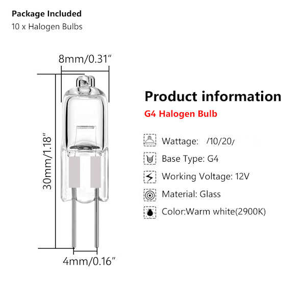 10st G4 Halogenlampor 12V 10W 20W