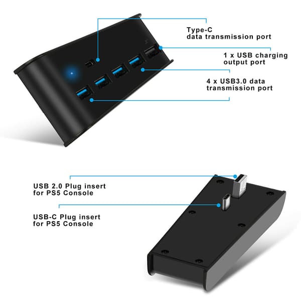 PS5 Värd-HUB-konverterare USB Hög Hastighetstransmission Förlängning Black