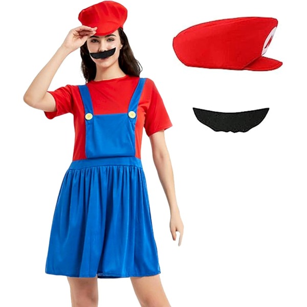 Vesvmi Mario kostym män, Mario Cosplay kostym, outfit med hatt skägg, Mario kostym vuxna barn för halloween S Female Green