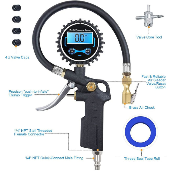 Digital däcktrycksmätare, däckpump med 200psi mätare