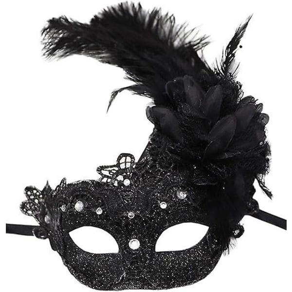 Dammask med fjädrar för maskerad, venetiansk Halloween, Mardi Gras, kostymfest, bal, maskerad