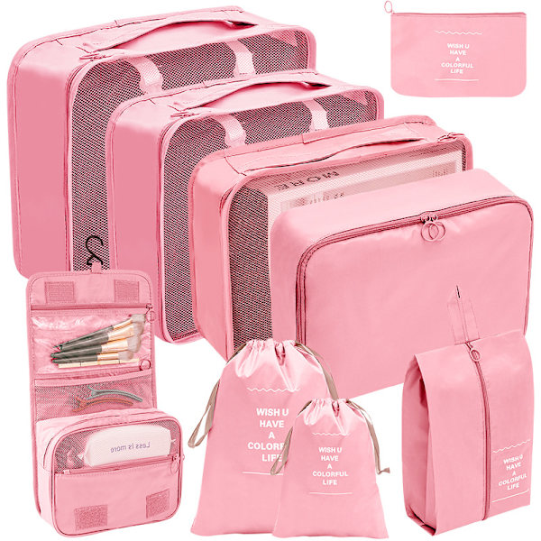 9-pack packningskuber Bagagepackningsorganisatorer för resetillbehör Pink