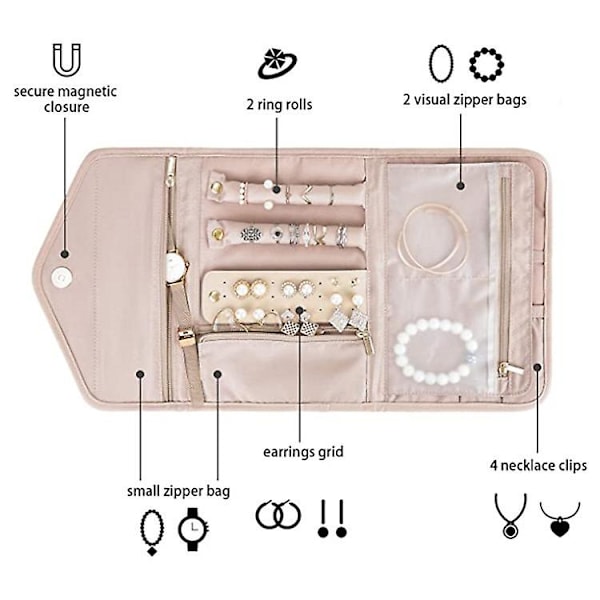 Smyckesväska för resor, hopfällbar smyckesask för resor - ringar, halsband, armband, örhängen, mjuk rosa 22*15,5CM