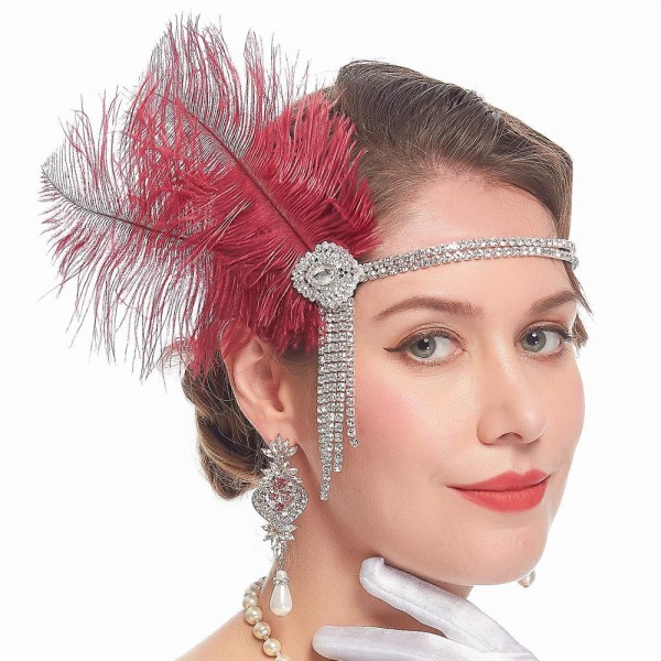 Huvudband för kvinnor från 1920-talet Stor Gatsby-inspirerad fjäder wine red