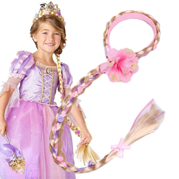 Långt hår Prinsess Hårband Lång 29\" Cosplay Flätade Peruker för Flickor Prinsess Klä Upp Tillbehör (Rapunzel Pannband)