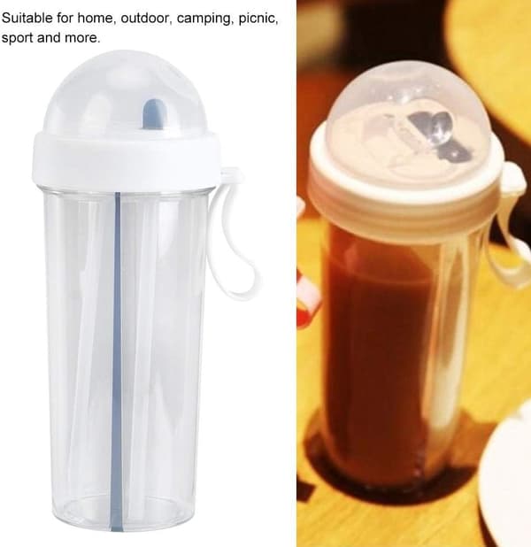 Vattenflaska med dubbla sugrör 600ml, vattenflaskor med 2 fack