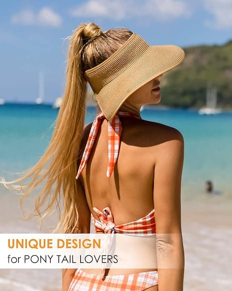 Women's Sun Hat, Wide Brim Straw Hat, Roll-up, Foldable, Ponytail, Summer Beach Hat, UV UPF black
