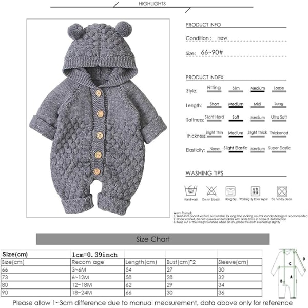 Newborn Baby Öronhuva Stickad Romper Jumpsuit Varmare snödräkt för pojkar Flickor Grå 80cm Gray