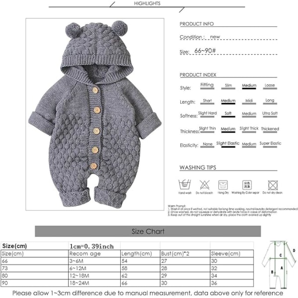 Nyfödd Baby Ear Hood Stickad Romper Jumpsuit Varmare snödräkt för pojkar Flickor Grå 73cm Gray