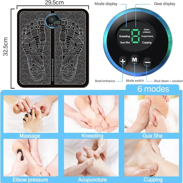 Elektrisk fotmassage, EMS elektrisk fotmassageapparat med 6 lägen, USB uppladdningsbar fotmassager för smärtlindring och blodcirkulation
