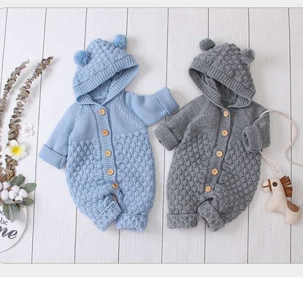 Nyfödd Baby Öronhuva Stickad Romper Jumpsuit Varmare Snödräkt för Pojkar Flickor Grå 66cm Gray
