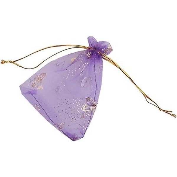 Cirka 100 organza påsar med dragsko för bröllopsfavoriter, 9 x 12 cm (tryck), lila