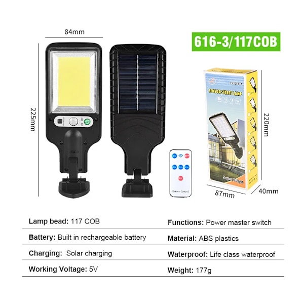 Solcellsdriven LED-vägglampa för utomhusbruk med 3 lägen och rörelsedetektor 616-3